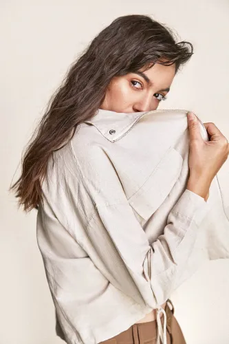 Linen Linen-Blend Zip Front Drawstring Hem Jacket