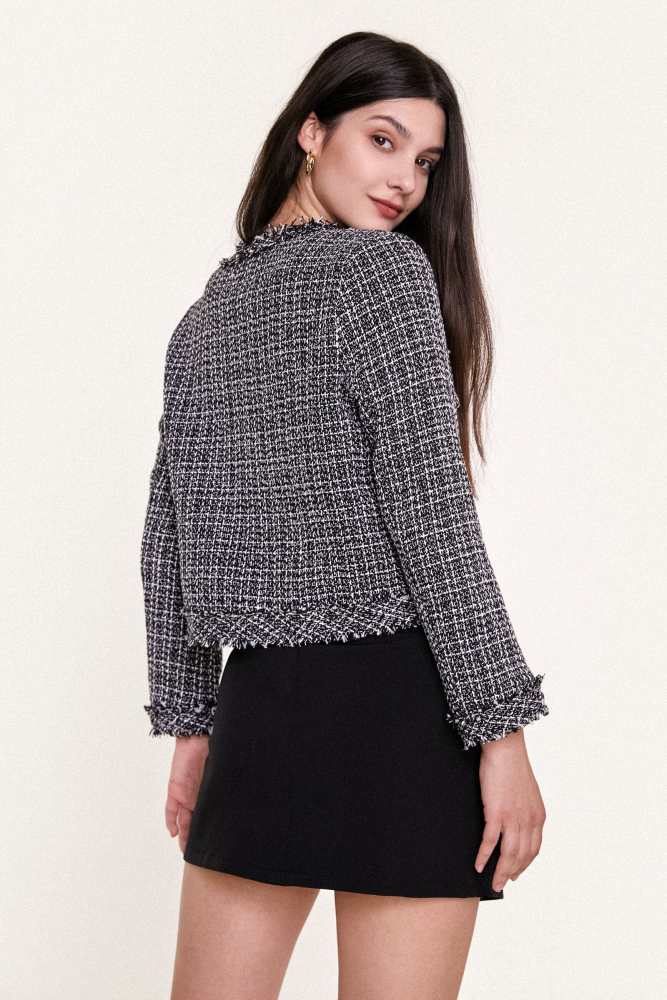 Black Frayed Trim Button-Up Cropped Tweed Jacket