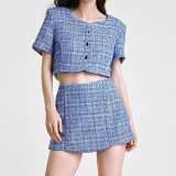 Dodger Blue Button-Up Short Sleeve Cropped Tweed Jacket