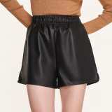 Black Elastic Waist Vegan Leather Shorts