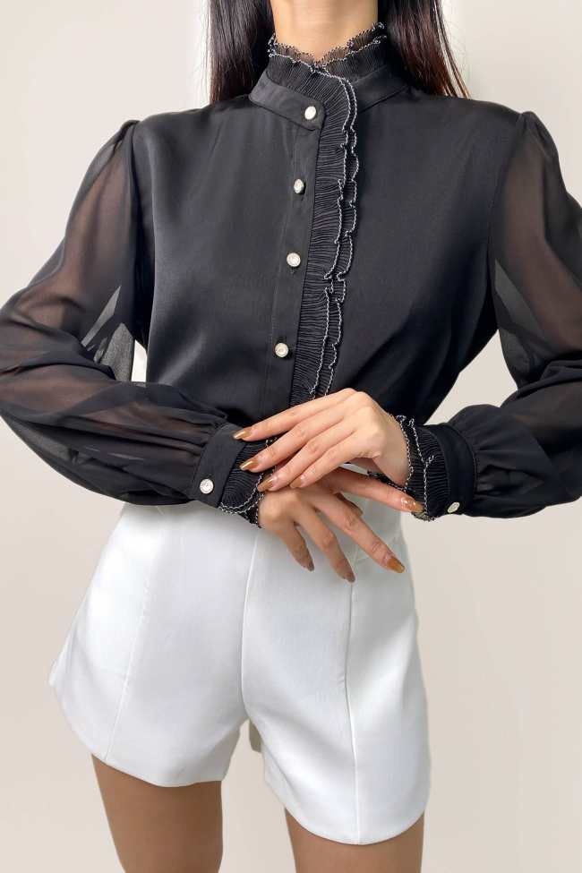 Black High Neck Ruffle Detail Button-Up Work Shirt