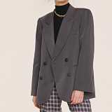 Dim Grey Double-Breasted Longline Blazer With Striped Lining