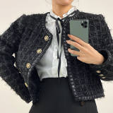 Black Frayed Pocket Detail Round Neck Button-Up Tweed Jacket
