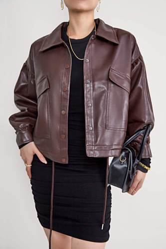 Brown Drawstring Hem Button Front Flap Pocket Vegan Leather Jacket