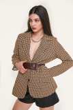 Saddle Brown Belted Houndstooth Single-Breasted Blazer