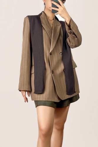 Burly Wood Pinstripe Double-Breasted Blazer With Removable Scarf