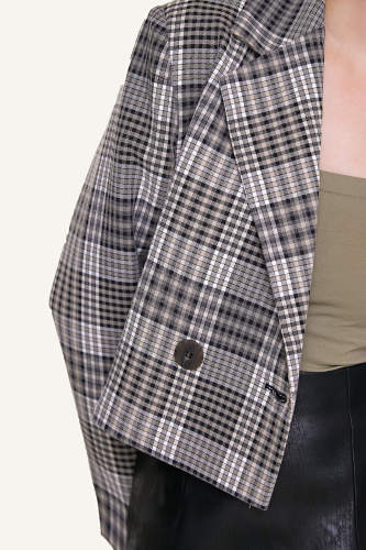 Grey Double-Breasted Plaid Cropped Blazer