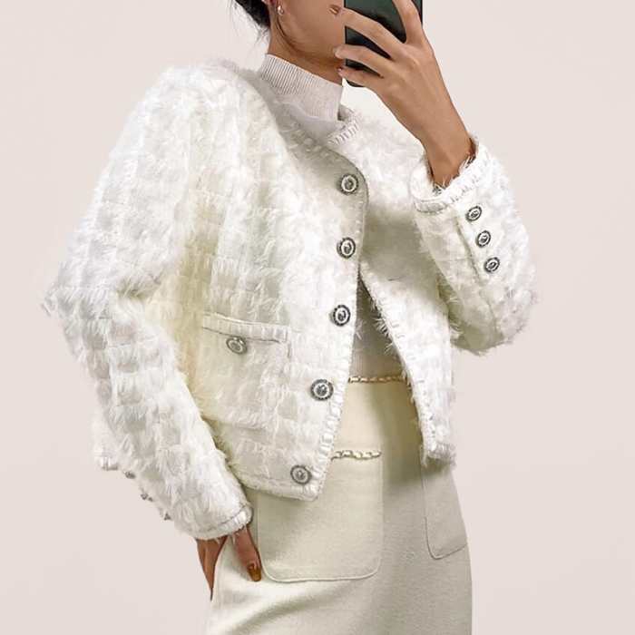 White Frayed Pocket Detail Round Neck Button-Up Tweed Jacket