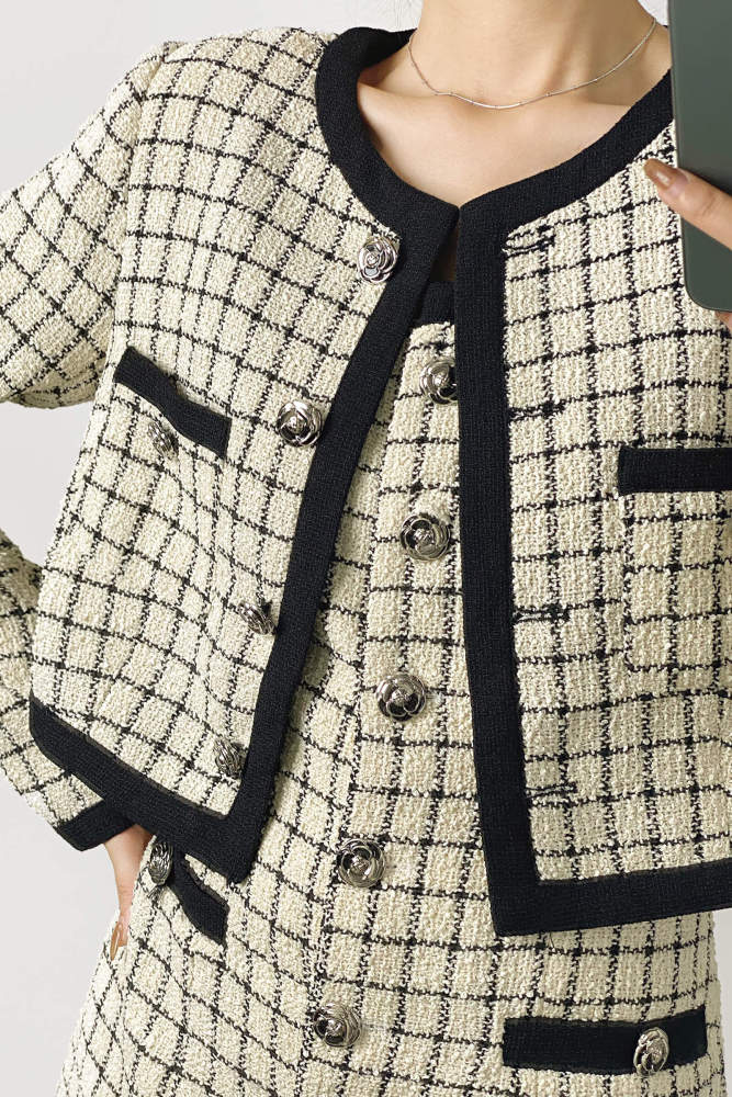 Ivory Contrast Trim Checked Wool-Blend Tweed Jacket 