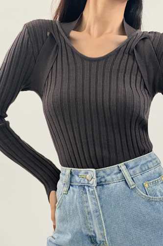 Dim Grey Strap Detail Cut Out Ribbed Knit Sweater