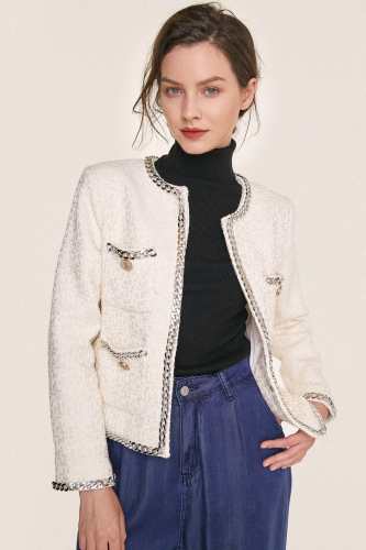 White Contrast Chain Trim Tweed Jacket