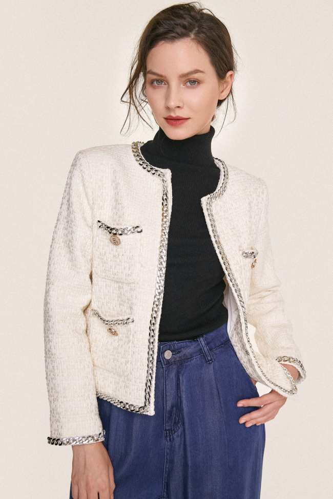 White Contrast Chain Trim Tweed Jacket