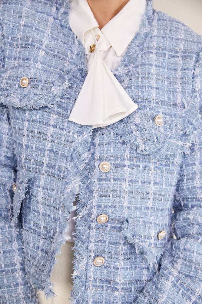 Light Sky Blue Frayed V-Neck Tweed Jacket