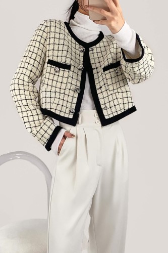 Ivory Contrast Trim Checked Wool-Blend Tweed Jacket 
