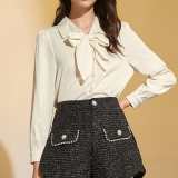 Ivory Satin Tie-Neck Long Sleeve Shirt