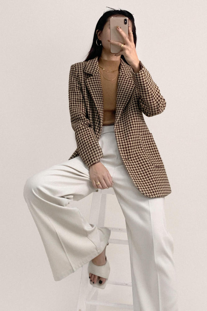 Saddle Brown Belted Houndstooth Single-Breasted Blazer