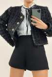 Black Frayed Pocket Detail Round Neck Button-Up Tweed Jacket