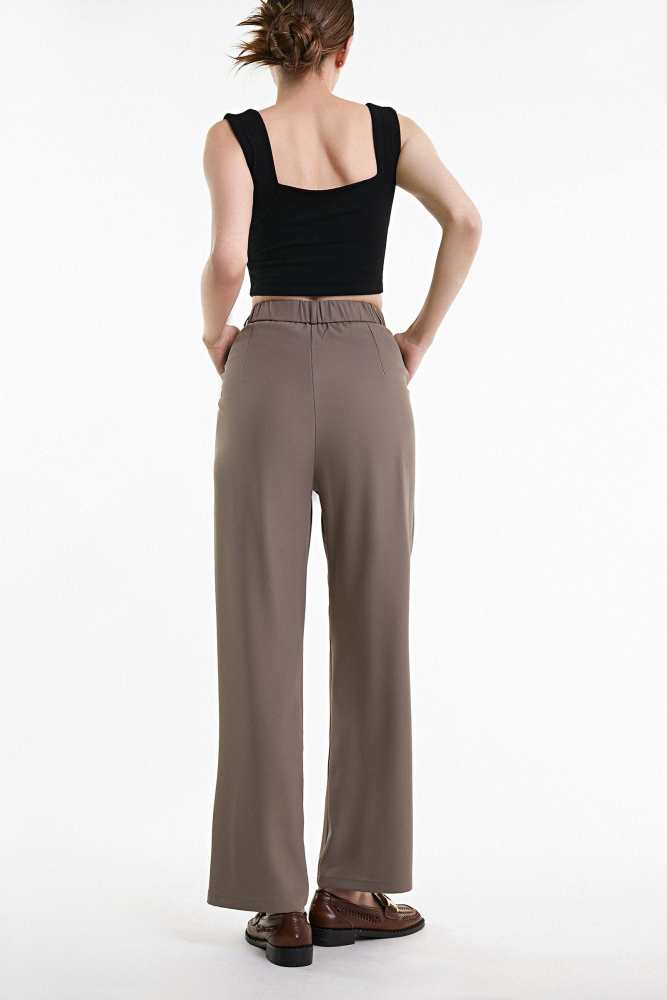 Tan Half Elastic Pleat Detail Wide Leg Suit Pants