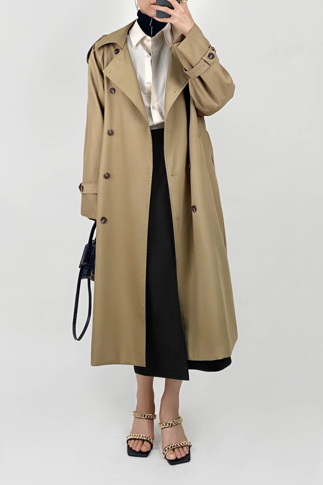 Tan Double-Breasted Belted Longline Trench Coat