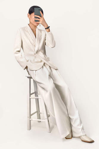 White Shawl Collar Double-Breasted Tweed Blazer