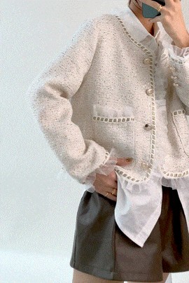 Ivory Sequin-Embellished Ruffled Tweed Jacket