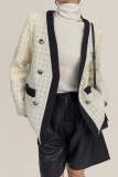 Floral White Contrast Trim Double-Breasted Wool-Blend Tweed Jacket 