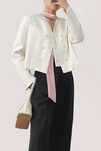 Ivory Double-Breasted V-Neck Cropped Jacket