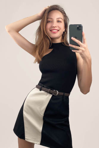 Black Asymmetric Mock Neck Knitted Tank Top