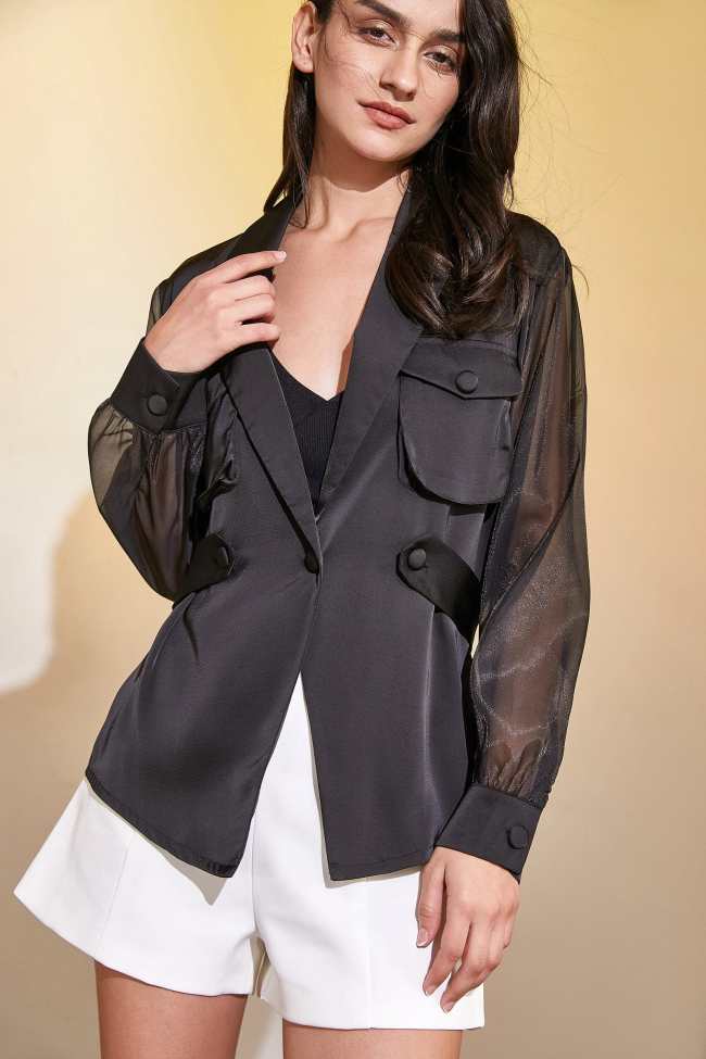 Black Notched-Lapel Flap Pocket Jacket