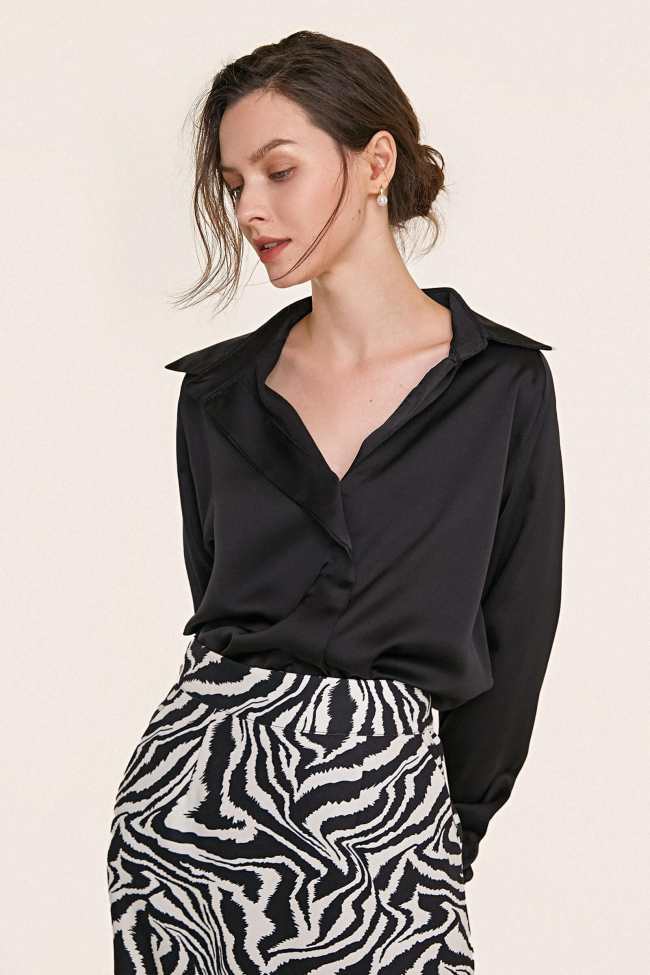 Black Long Sleeve Oversized Satin Work Shirt