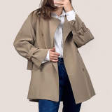Khaki Double-Breasted Belted Short Trench Coat