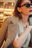 Saddle Brown Belted Houndstooth Single-Breasted Blazer