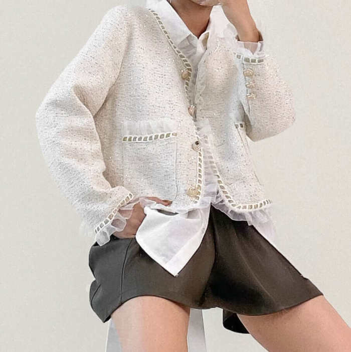 Ivory Sequin-Embellished Ruffled Tweed Jacket