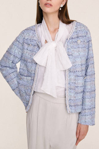 Light Sky Blue Braided Trim Metallic Thread Tweed Jacket