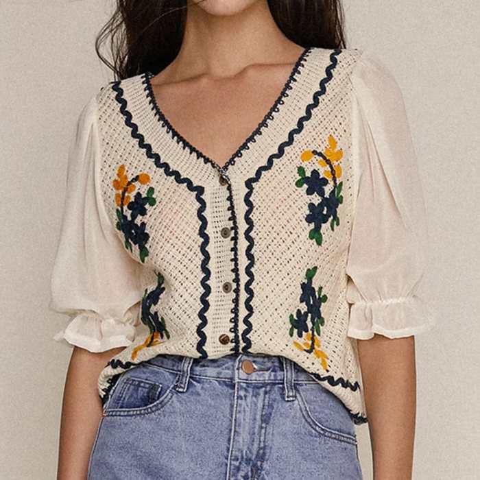 White Floral Embroidery Contrast Trim Cardigan