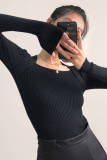 Black Ribbed Knit Square Neck Sweater