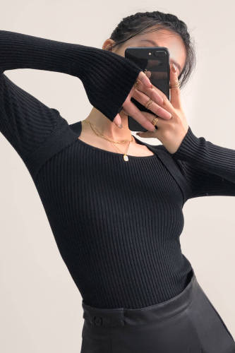 Black Ribbed Knit Square Neck Sweater