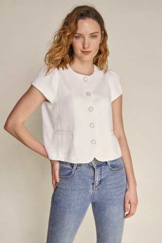 White Cap Sleeve Button-Up Tweed Cropped Top