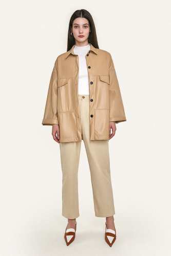 Tan Faux Leather Button-Up Shacket