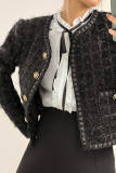 Black Frayed Pocket Detail Round Neck Button-Up Tweed Jacket