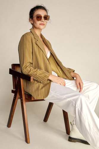 Dark Khaki Pinstripe Single-Breasted Long Sleeve Blazer