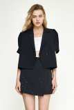 Black Pleat Detail Short Sleeve Cropped Blazer