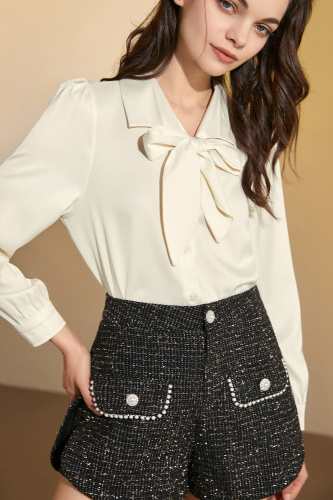 Ivory Satin Tie-Neck Long Sleeve Shirt