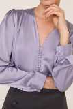 Light Steel Blue V-Neck Long Sleeve Satin Work Blouse