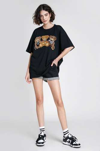 Black Teddy Bear Embroidered T-Shirt