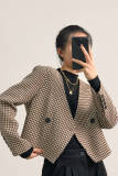 Saddle Brown Houndstooth V-Neck Double-Breasted Jacket