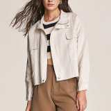 Linen Linen-Blend Zip Front Drawstring Hem Jacket