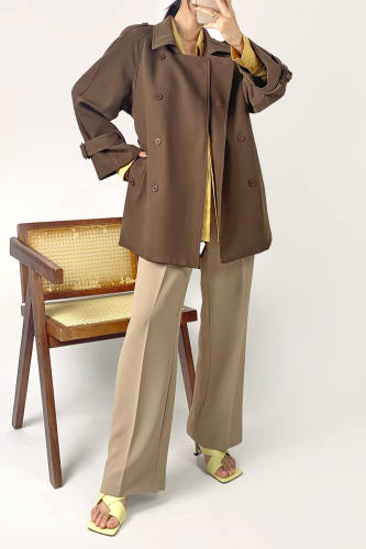 Tan Double-Breasted Belted Short Trench Coat