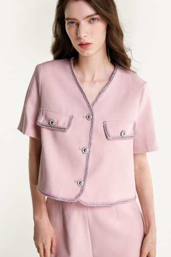 Pink Button-Up Short Sleeve Braided Trim Cropped Jacket