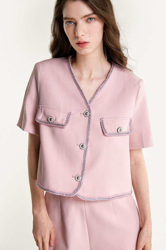 Pink Button-Up Short Sleeve Braided Trim Cropped Jacket